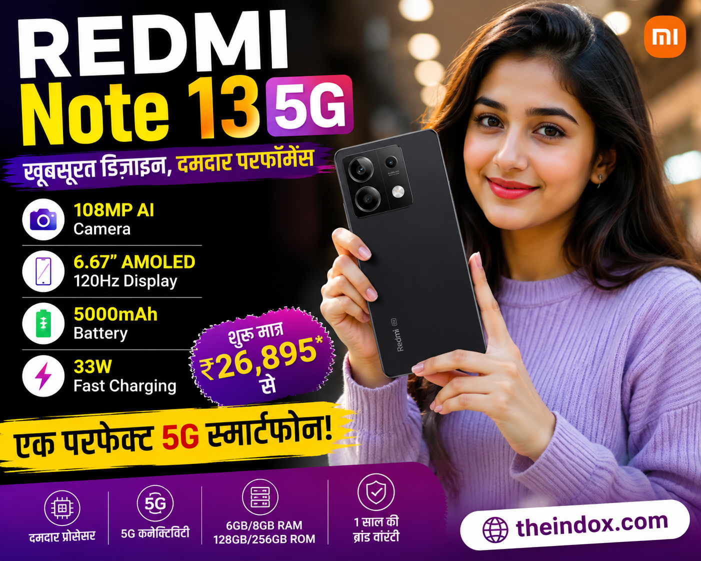 REDMI Note 13 5G Stealth Black Front View