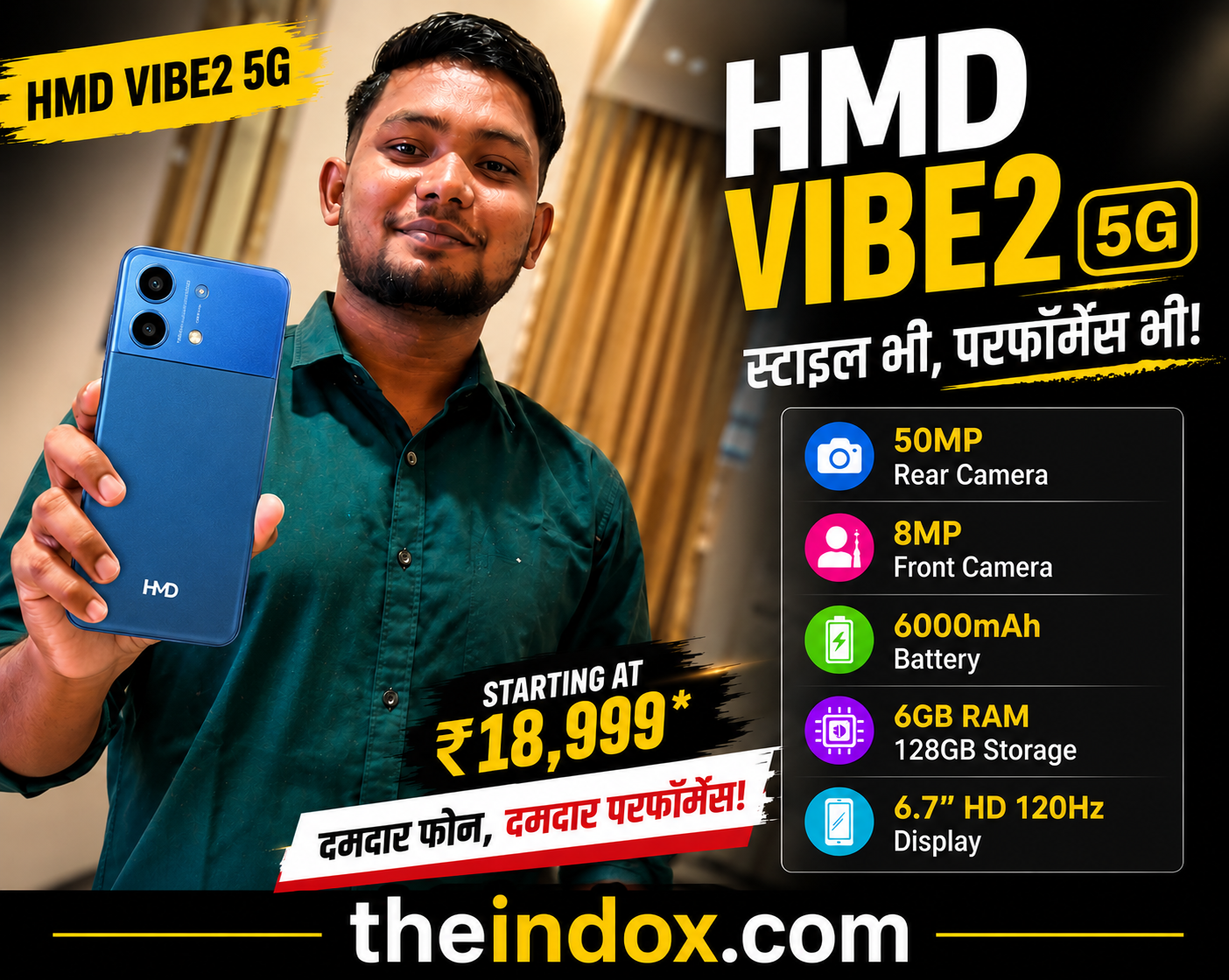 HMD VIBE2 5G Nordic Blue smartphone with 6000mAh battery and 120Hz display